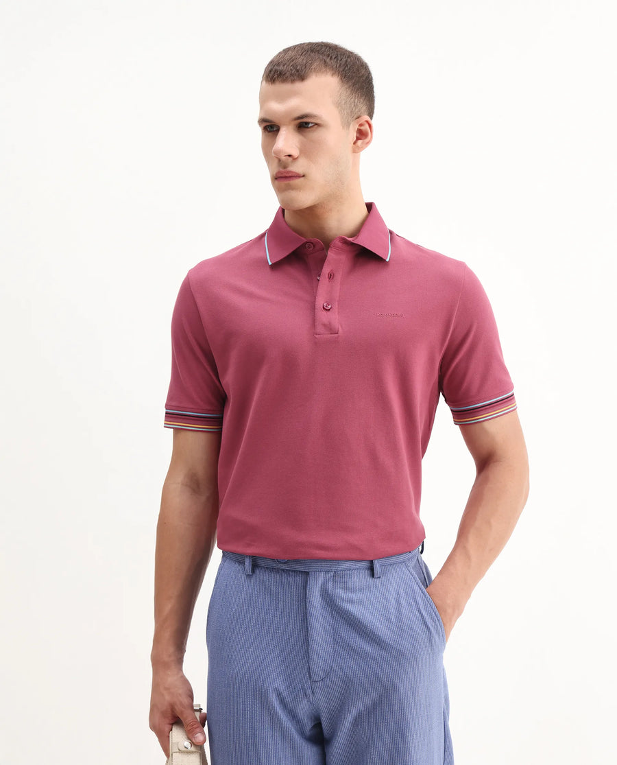 Rare Rabbit Men's Carter Pink Cotton Blend Plain Regular Fit Half Sleeve Polo