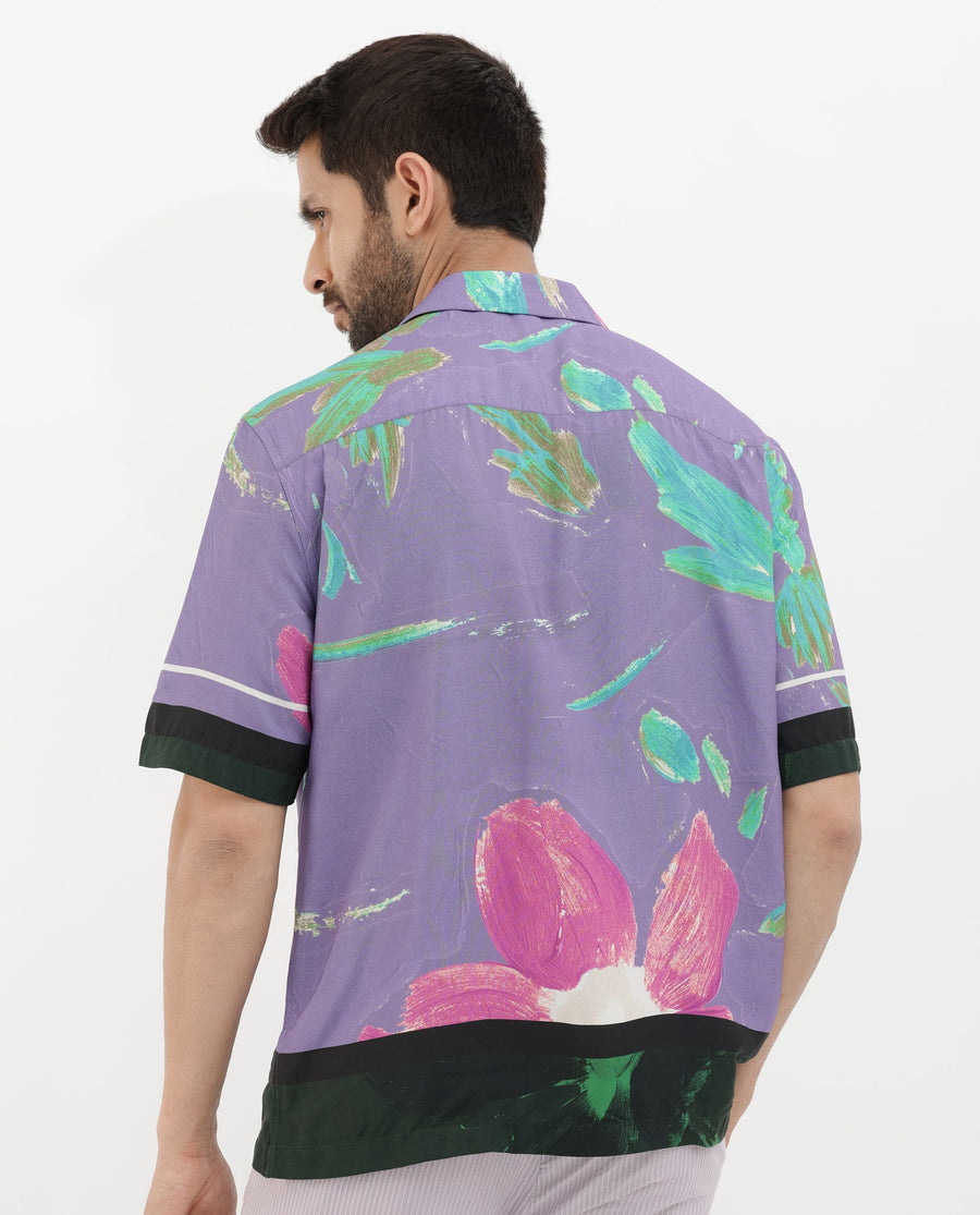 Rare Rabbit Men's Casa Purple Viscose Floral Print Boxy Fit Half Sleeve Cuban Collar Shirt