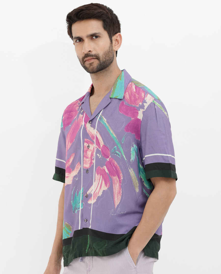 Rare Rabbit Men's Casa Purple Viscose Floral Print Boxy Fit Half Sleeve Cuban Collar Shirt