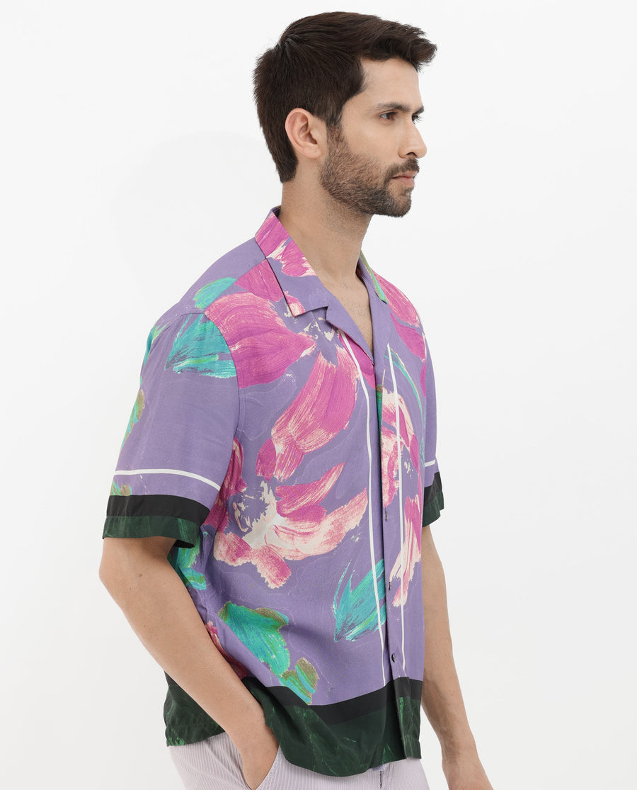 Rare Rabbit Men's Casa Purple Viscose Floral Print Boxy Fit Half Sleeve Cuban Collar Shirt