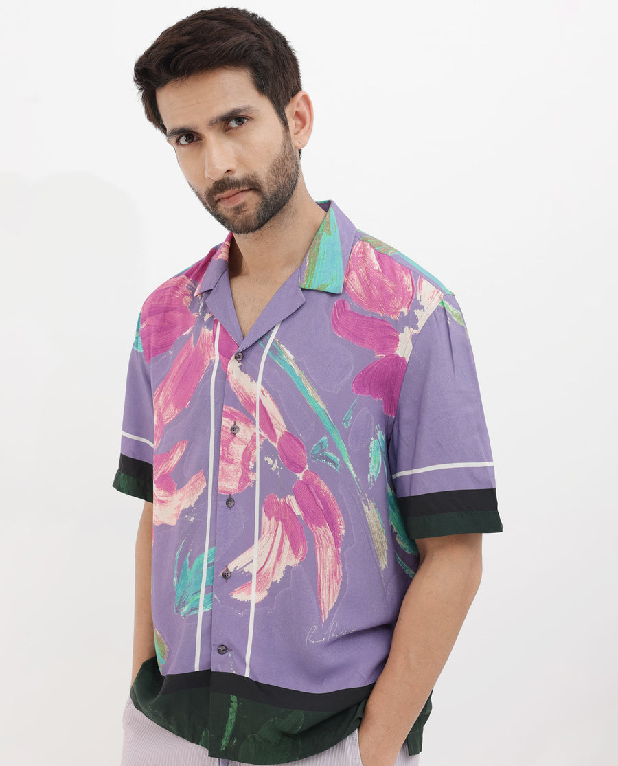 Rare Rabbit Men's Casa Purple Viscose Floral Print Boxy Fit Half Sleeve Cuban Collar Shirt