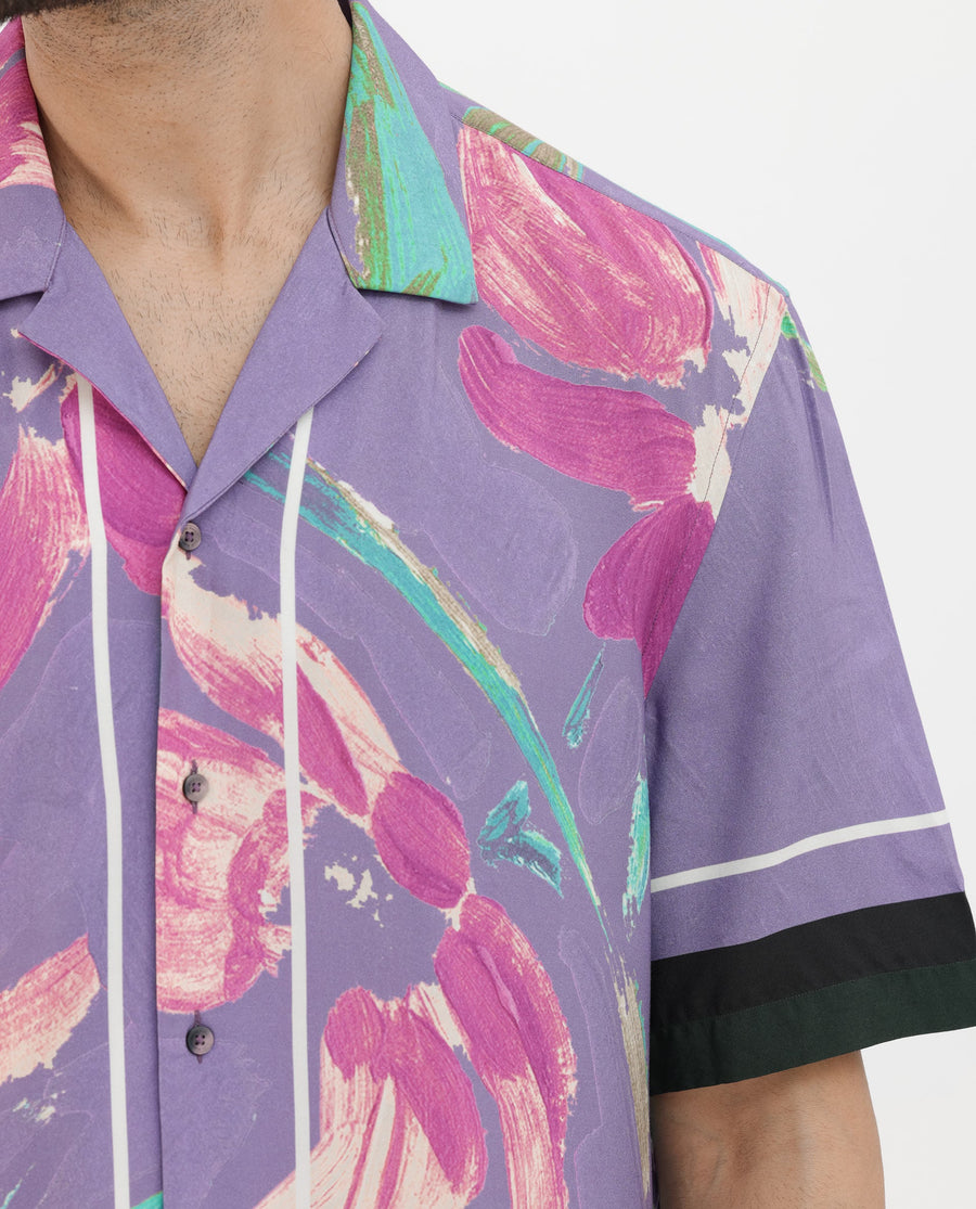 Rare Rabbit Men's Casa Purple Viscose Floral Print Boxy Fit Half Sleeve Cuban Collar Shirt