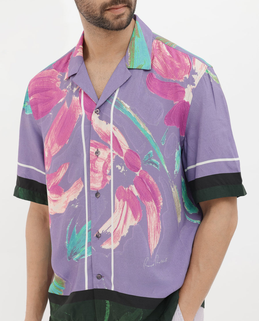 Rare Rabbit Men's Casa Purple Viscose Floral Print Boxy Fit Half Sleeve Cuban Collar Shirt
