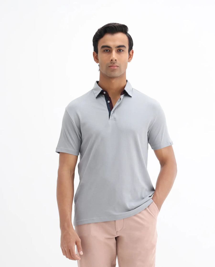 Rare Rabbit Men's Casca Dark Grey Cotton Plain Regular Fit Half Sleeve Polo