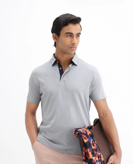Rare Rabbit Men's Casca Dark Grey Cotton Plain Regular Fit Half Sleeve Polo