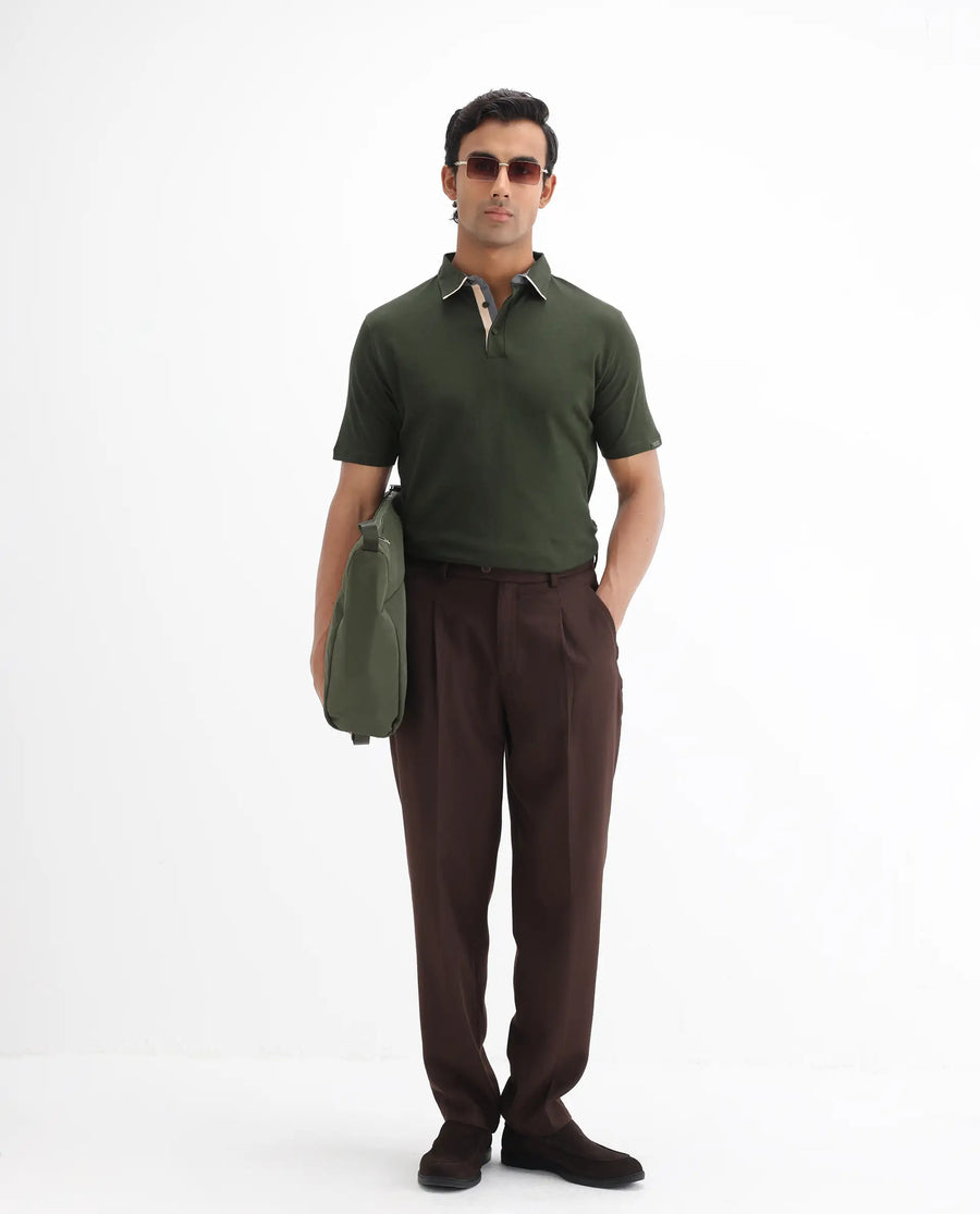Rare Rabbit Men's Casca Dark Olive Cotton Plain Regular Fit Half Sleeve Polo