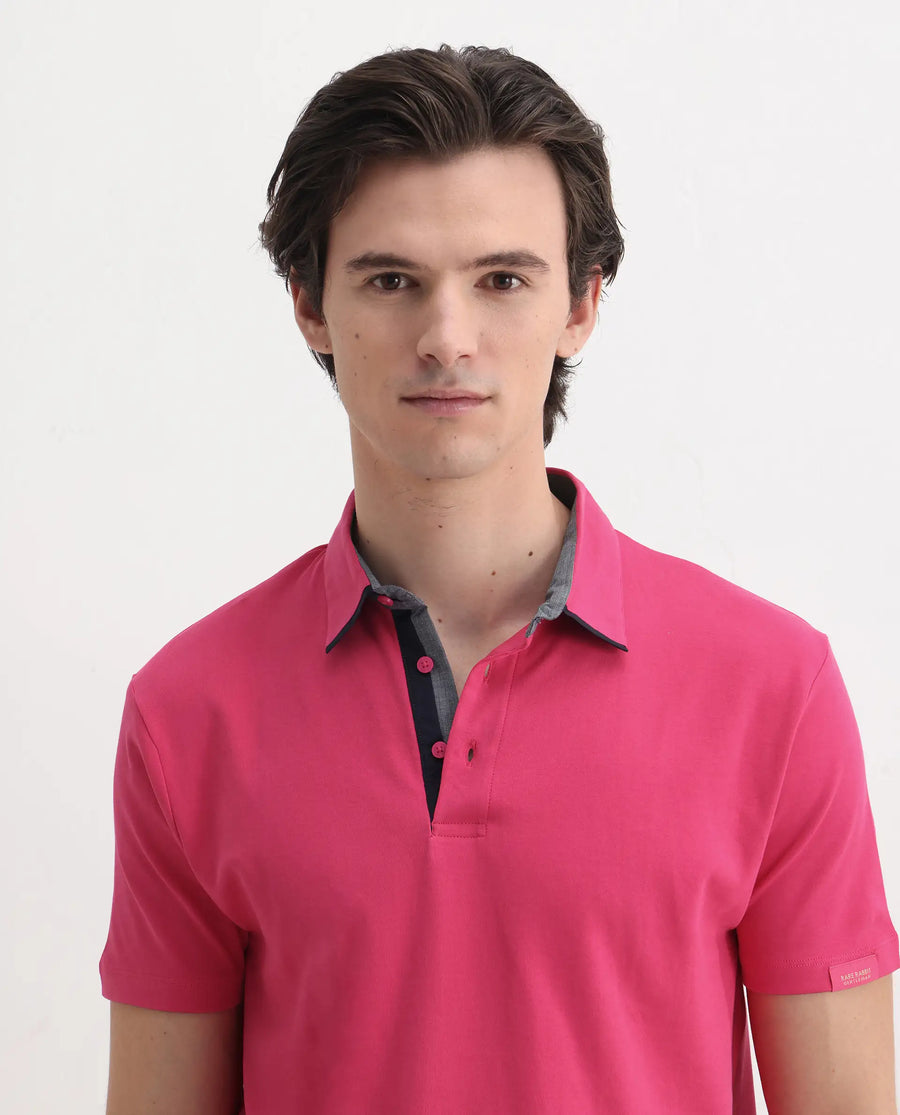Rare Rabbit Men's Casca Flouroscent Red Cotton Plain Regular Fit Half Sleeve Polo