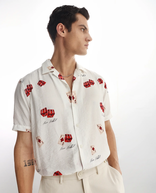 Rare Rabbit Men's Casi White Viscose Blend Decorative Print Relaxed Fit Half Sleeve Collared Shirt