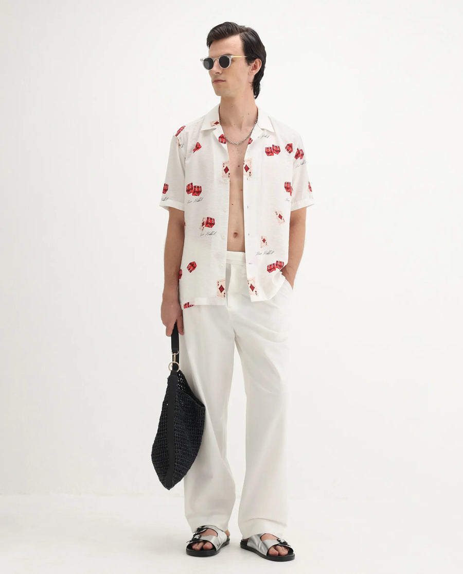 Rare Rabbit Men's Casi White Viscose Blend Decorative Print Relaxed Fit Half Sleeve Collared Shirt