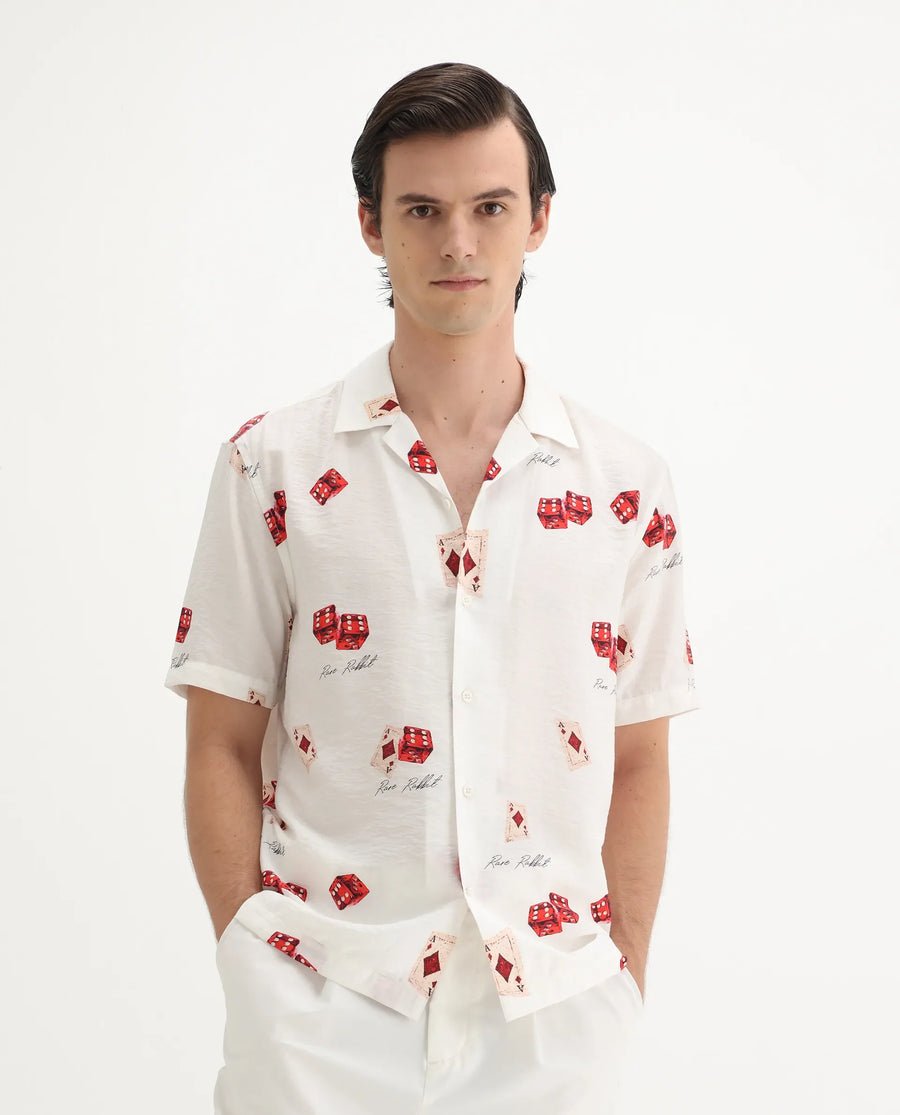Rare Rabbit Men's Casi White Viscose Blend Decorative Print Relaxed Fit Half Sleeve Collared Shirt
