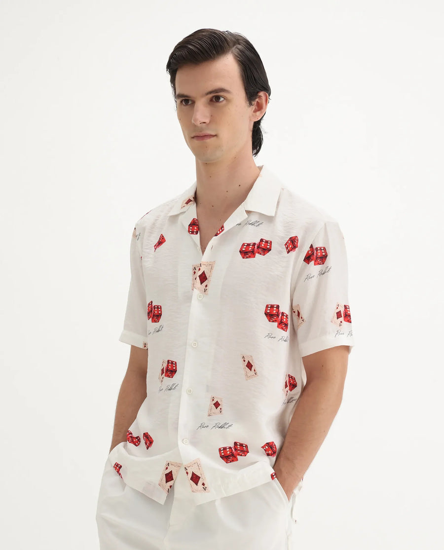 Rare Rabbit Men's Casi White Viscose Blend Decorative Print Relaxed Fit Half Sleeve Collared Shirt