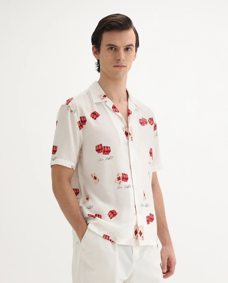 Rare Rabbit Men's Casi White Viscose Blend Decorative Print Relaxed Fit Half Sleeve Collared Shirt
