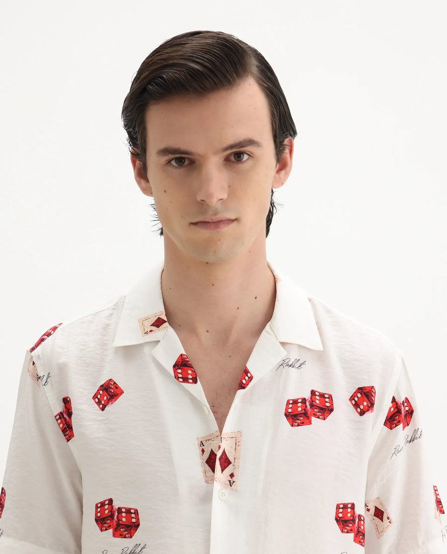 Rare Rabbit Men's Casi White Viscose Blend Decorative Print Relaxed Fit Half Sleeve Collared Shirt