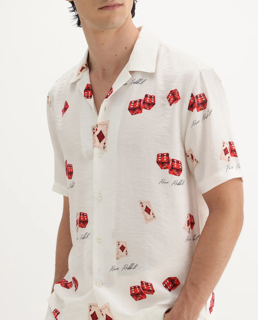 Rare Rabbit Men's Casi White Viscose Blend Decorative Print Relaxed Fit Half Sleeve Collared Shirt