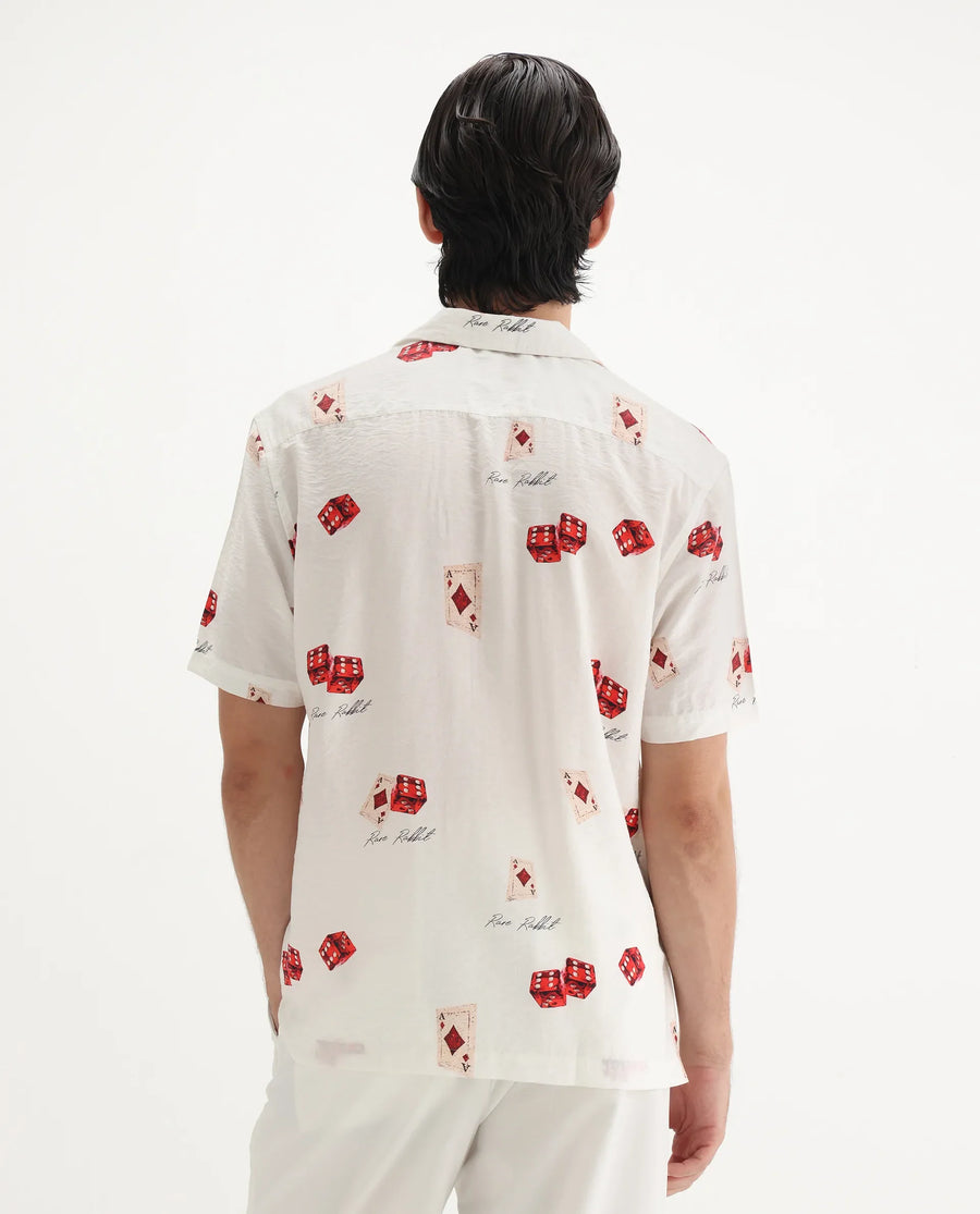 Rare Rabbit Men's Casi White Viscose Blend Decorative Print Relaxed Fit Half Sleeve Collared Shirt