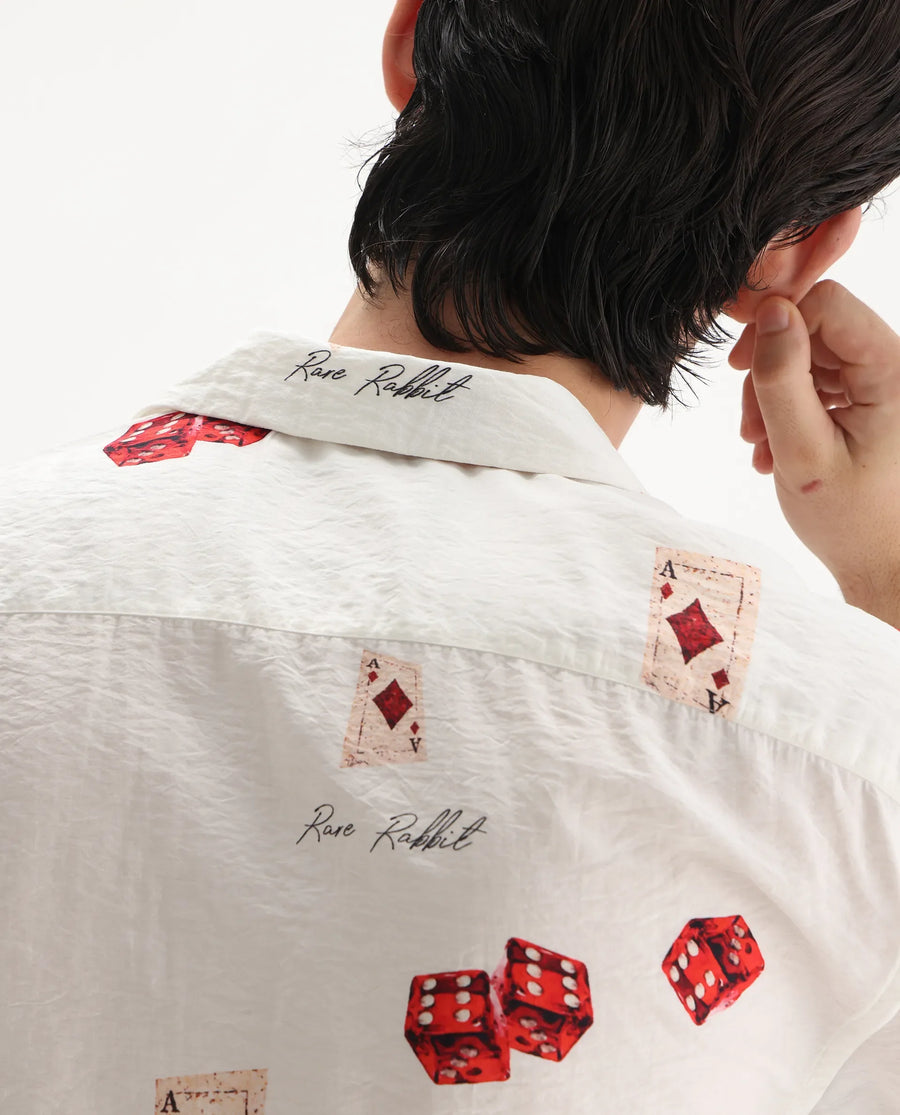 Rare Rabbit Men's Casi White Viscose Blend Decorative Print Relaxed Fit Half Sleeve Collared Shirt