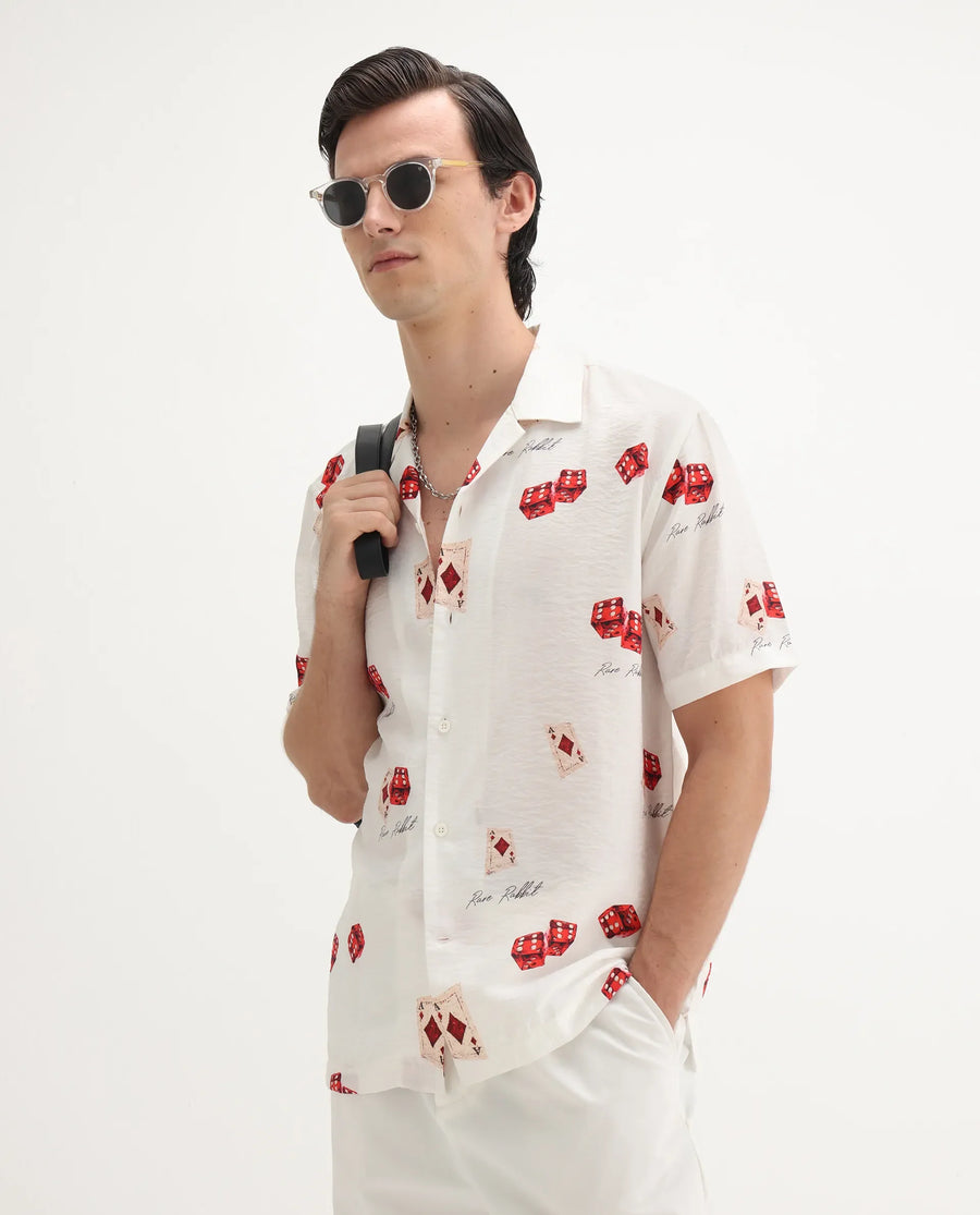 Rare Rabbit Men's Casi White Viscose Blend Decorative Print Relaxed Fit Half Sleeve Collared Shirt