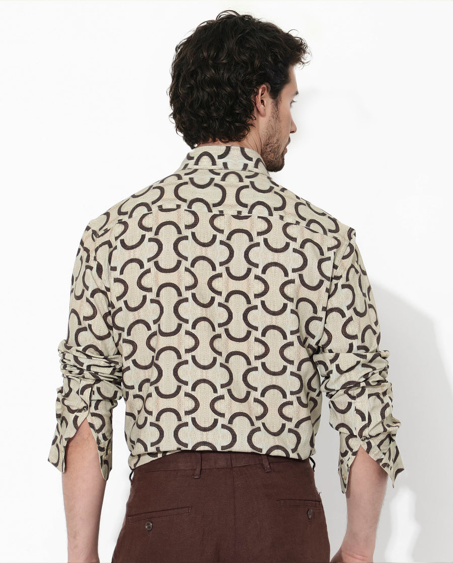 Rare Rabbit Men's Cason Beige Viscose Geometric Print Regular Fit Full Sleeve Collared Shirt