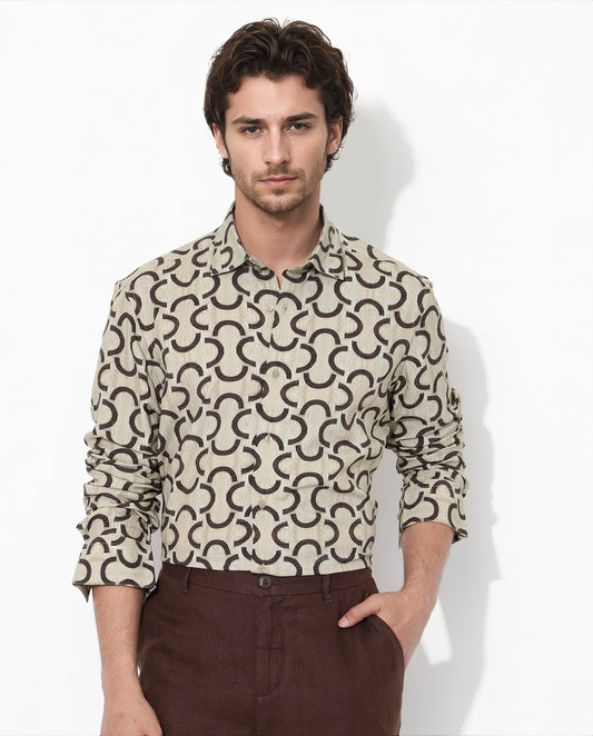 Rare Rabbit Men's Cason Beige Viscose Geometric Print Regular Fit Full Sleeve Collared Shirt