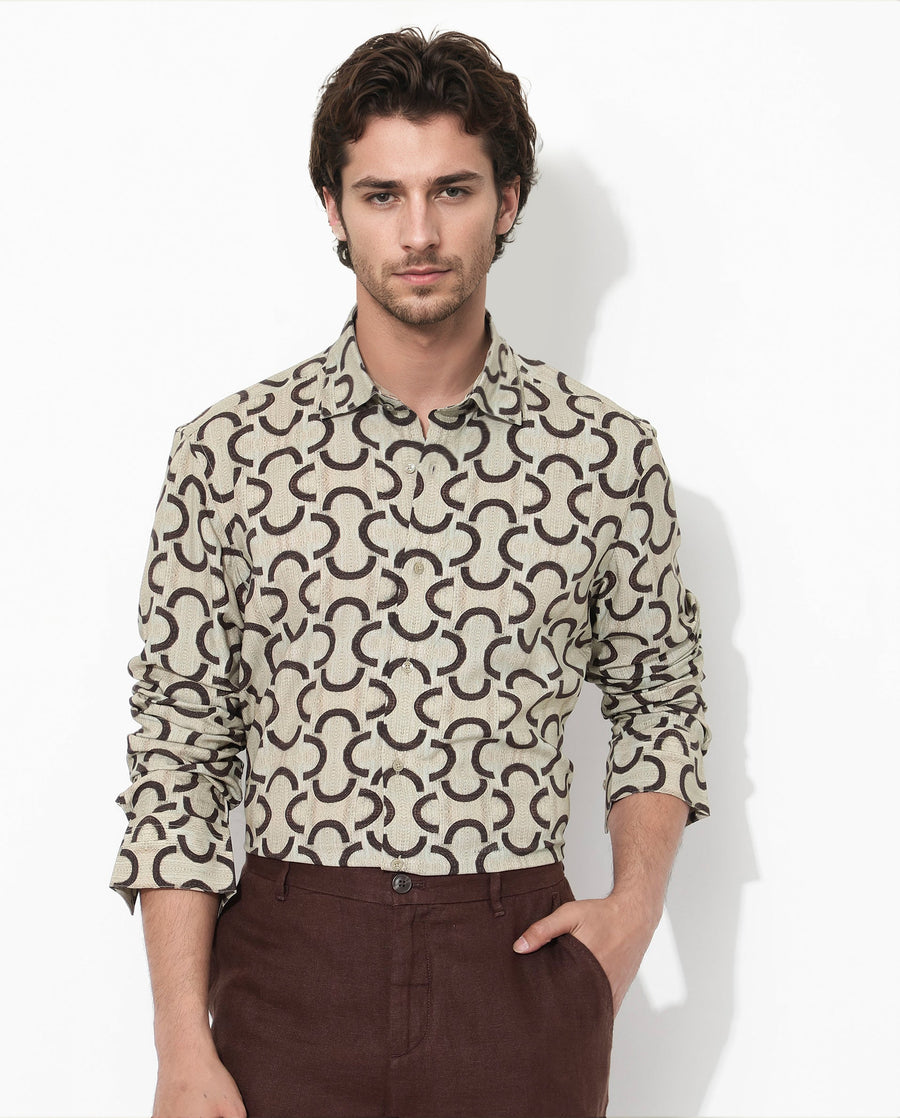 Rare Rabbit Men's Cason Beige Viscose Geometric Print Regular Fit Full Sleeve Collared Shirt