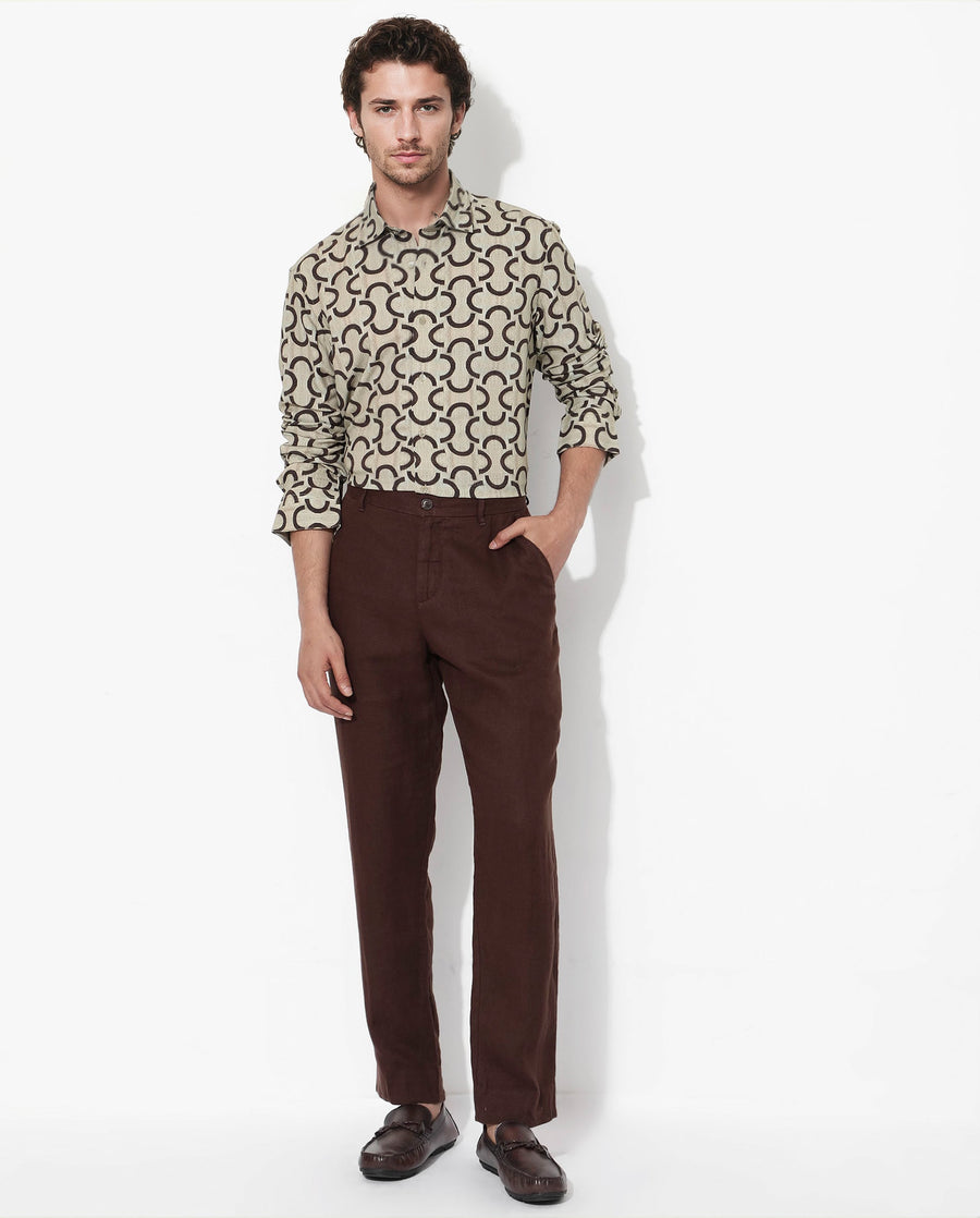 Rare Rabbit Men's Cason Beige Viscose Geometric Print Regular Fit Full Sleeve Collared Shirt