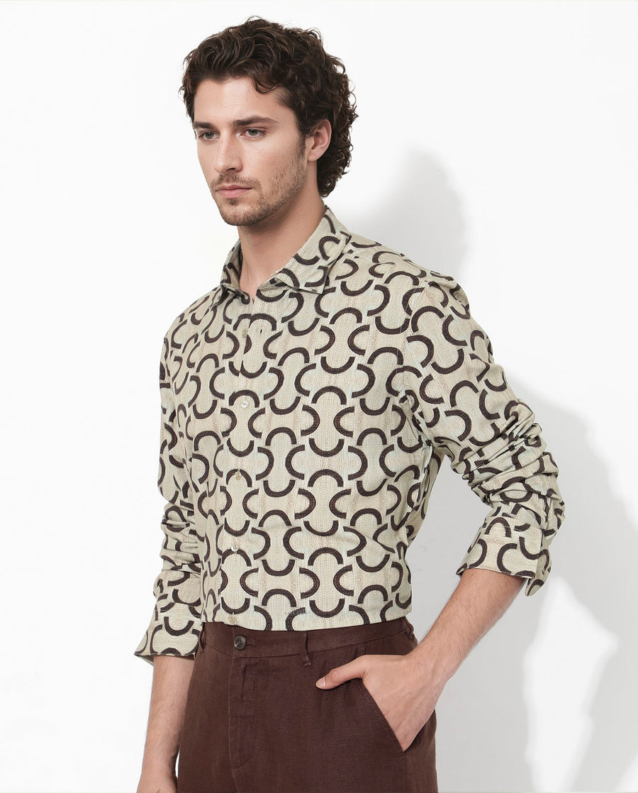 Rare Rabbit Men's Cason Beige Viscose Geometric Print Regular Fit Full Sleeve Collared Shirt
