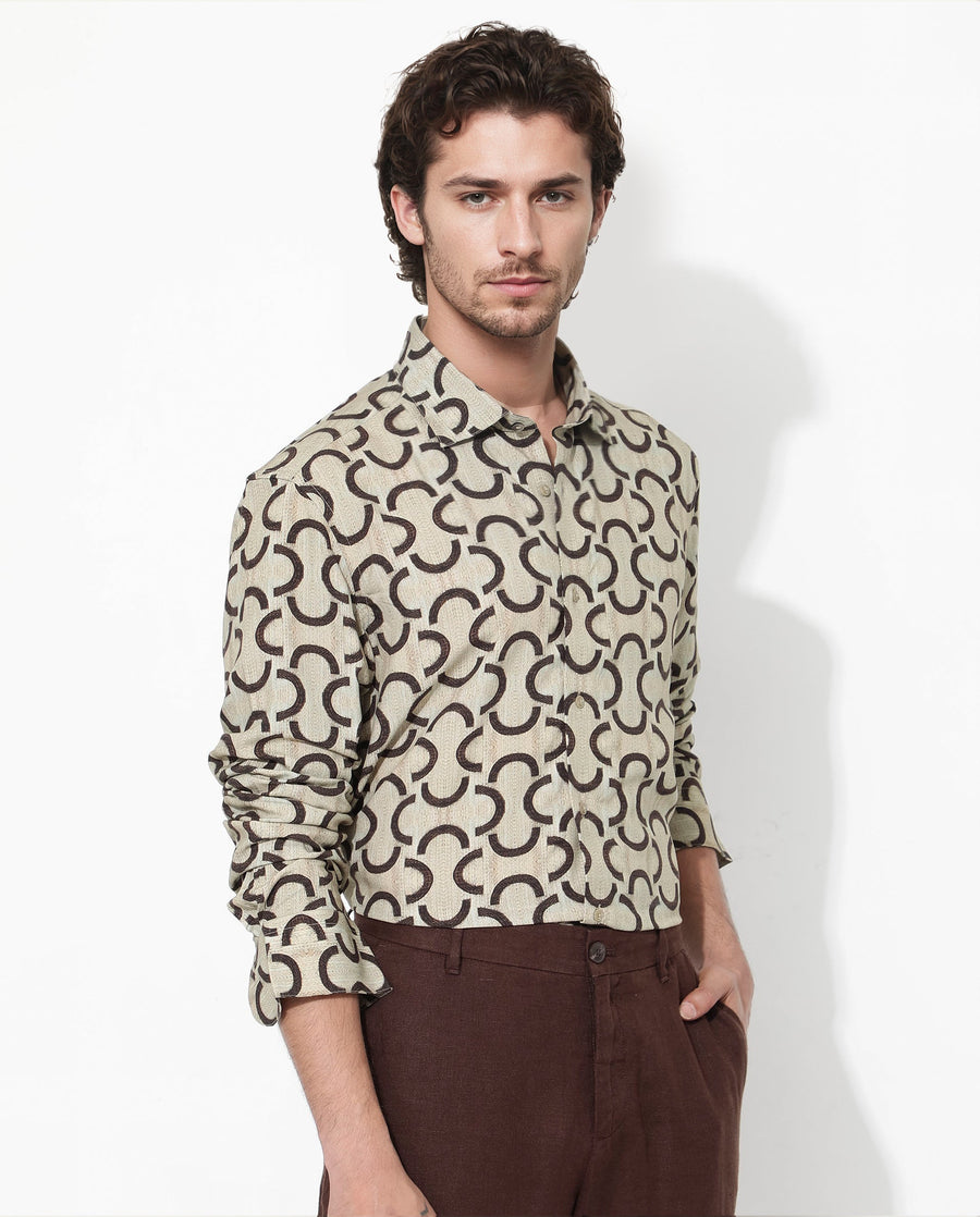 Rare Rabbit Men's Cason Beige Viscose Geometric Print Regular Fit Full Sleeve Collared Shirt