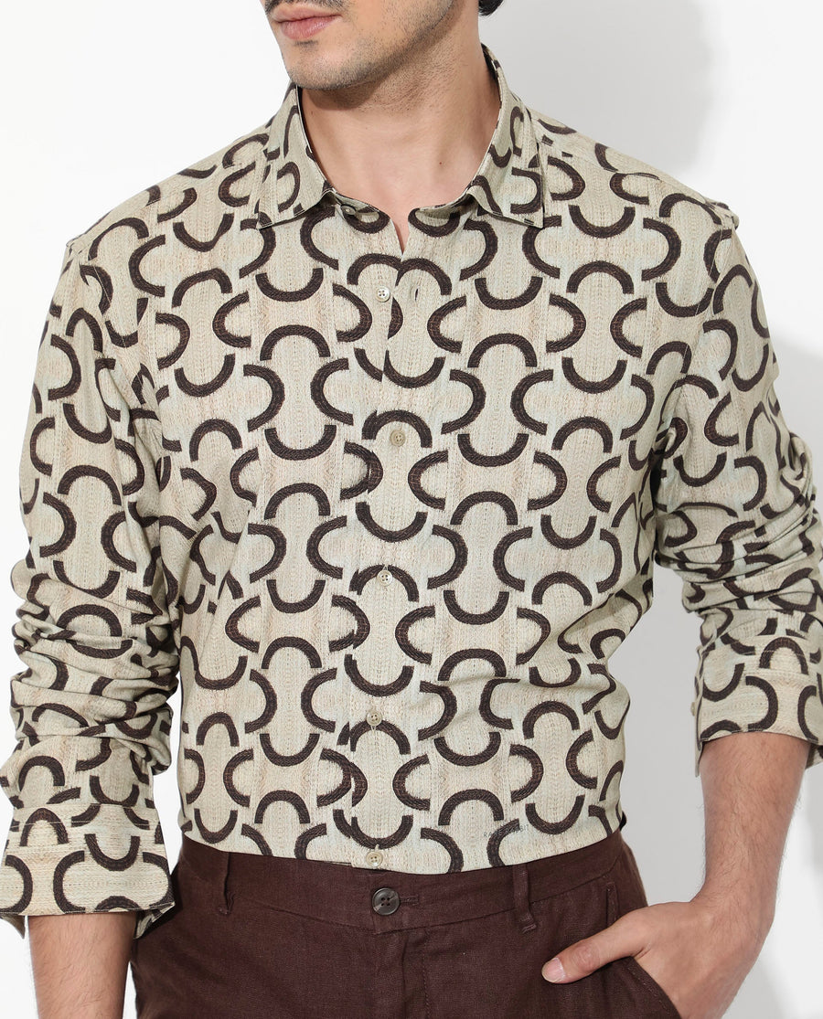 Rare Rabbit Men's Cason Beige Viscose Geometric Print Regular Fit Full Sleeve Collared Shirt