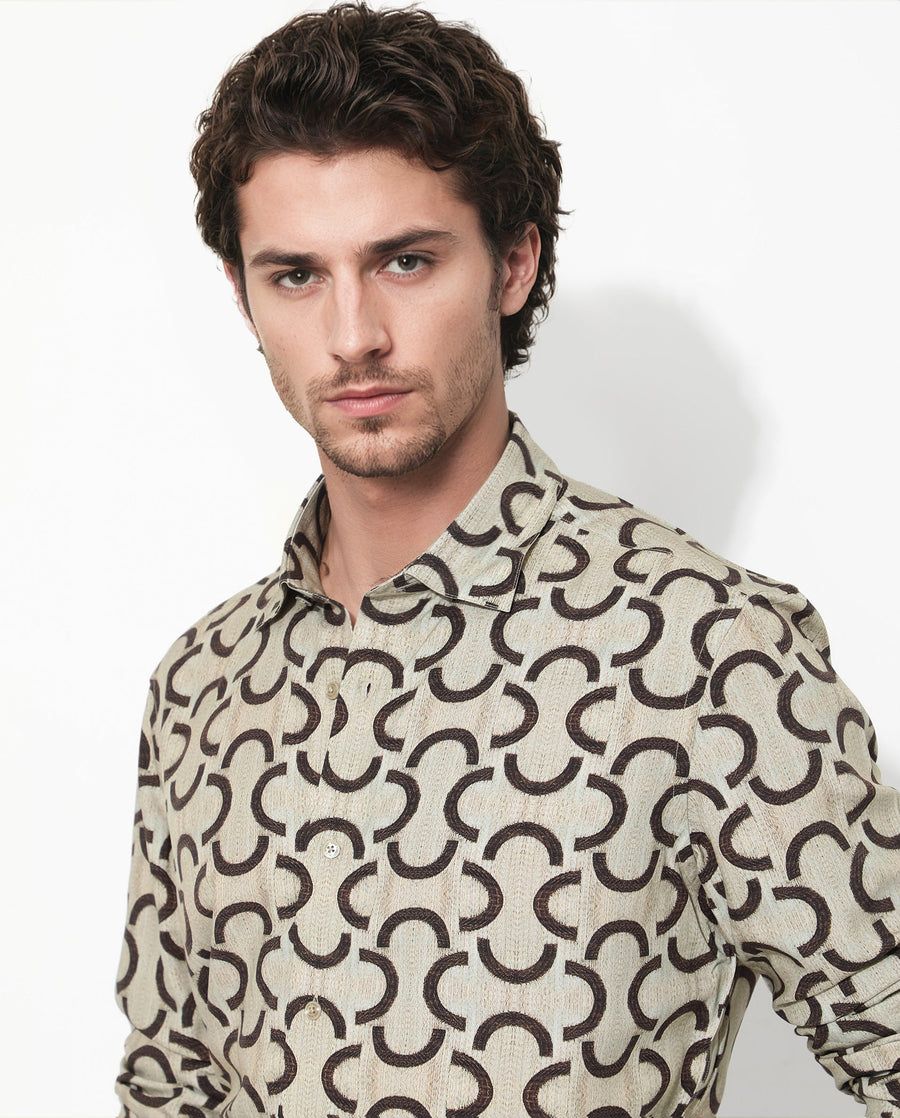 Rare Rabbit Men's Cason Beige Viscose Geometric Print Regular Fit Full Sleeve Collared Shirt