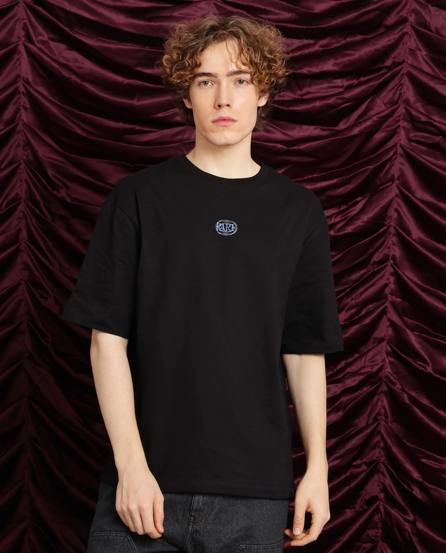 Rare Rabbit Men's Cato Black Cotton Graphic Print Oversized Fit Half Sleeve Crew Neck T-Shirt