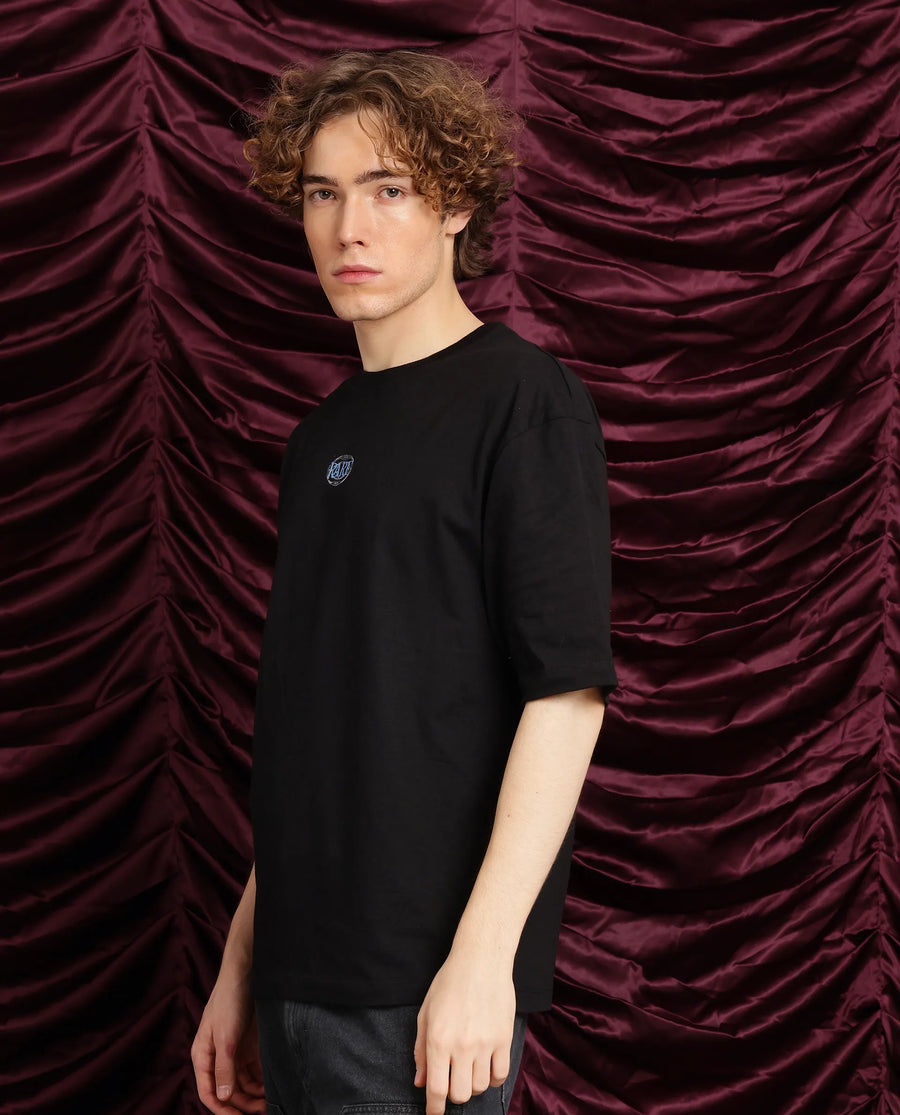 Rare Rabbit Men's Cato Black Cotton Graphic Print Oversized Fit Half Sleeve Crew Neck T-Shirt