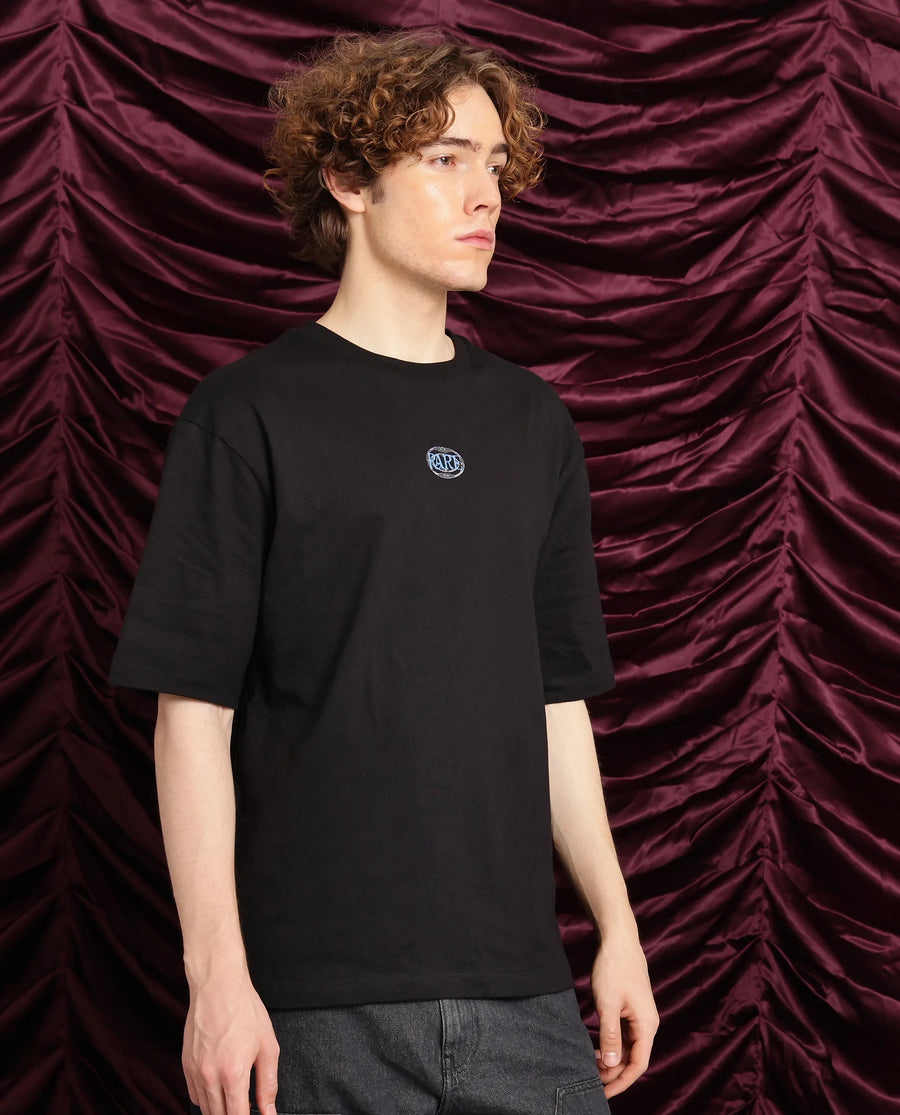 Rare Rabbit Men's Cato Black Cotton Graphic Print Oversized Fit Half Sleeve Crew Neck T-Shirt