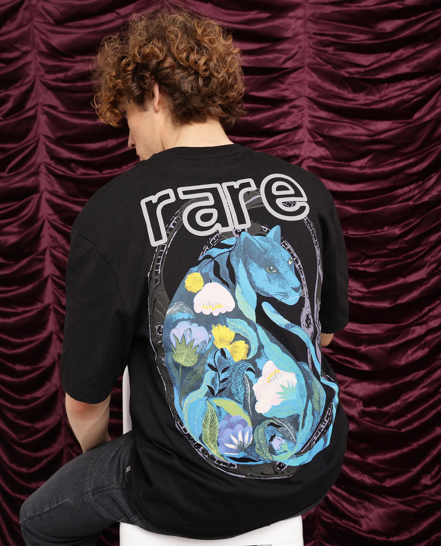 Rare Rabbit Men's Cato Black Cotton Graphic Print Oversized Fit Half Sleeve Crew Neck T-Shirt