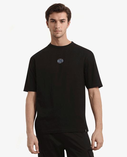 Rare Rabbit Men's Cato Black Cotton Graphic Print Oversized Fit Half Sleeve Crew Neck T-Shirt