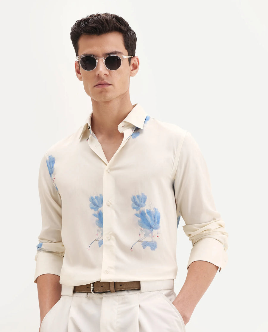 Rare Rabbit Men's Cazar-25 Off White Viscose Blend Fabric Spread Collar Regular Fit Floral Print Shirt