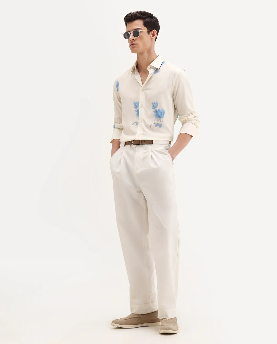 Rare Rabbit Men's Cazar-25 Off White Viscose Blend Fabric Spread Collar Regular Fit Floral Print Shirt