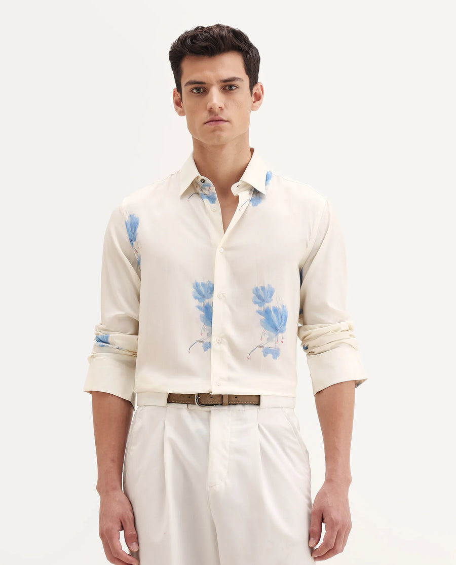 Rare Rabbit Men's Cazar-25 Off White Viscose Blend Fabric Spread Collar Regular Fit Floral Print Shirt