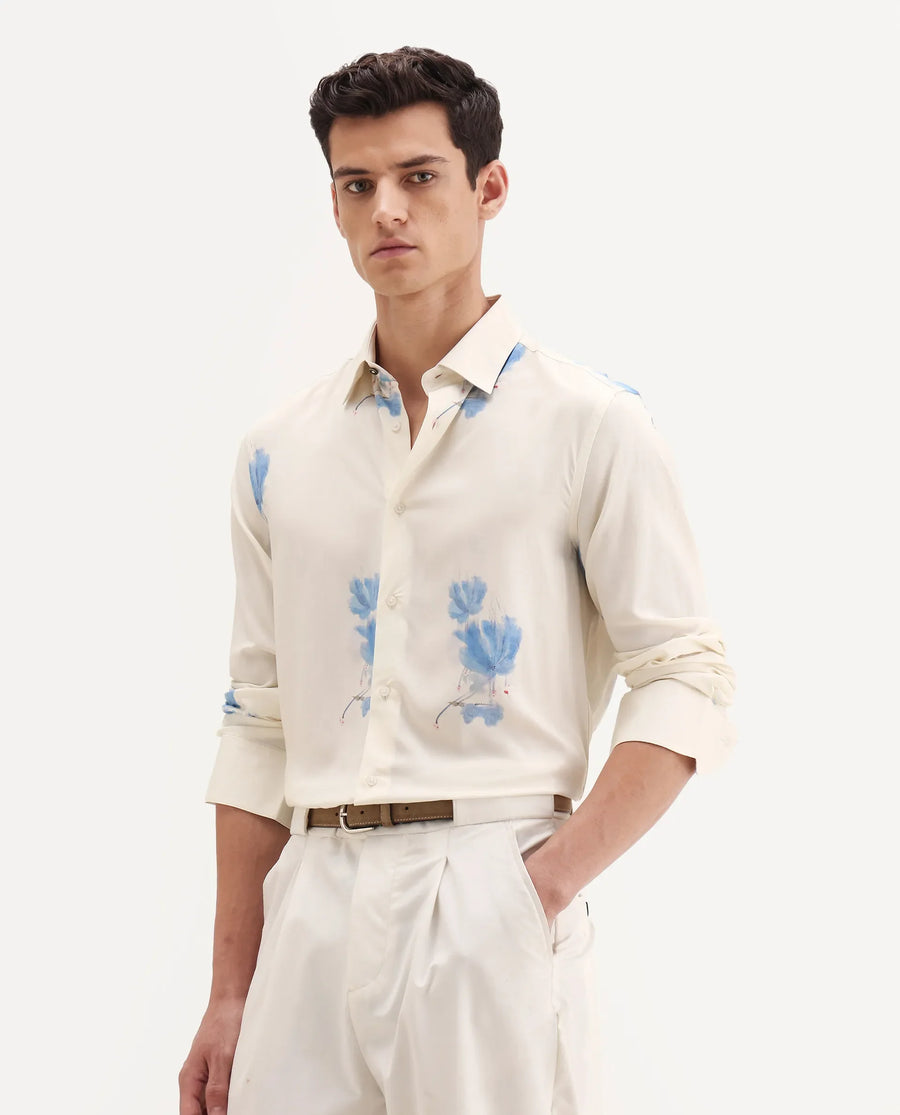 Rare Rabbit Men's Cazar-25 Off White Viscose Blend Fabric Spread Collar Regular Fit Floral Print Shirt