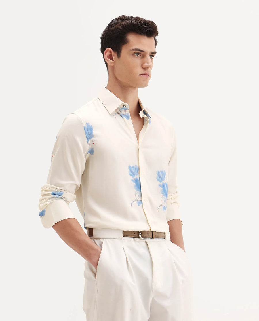 Rare Rabbit Men's Cazar-25 Off White Viscose Blend Fabric Spread Collar Regular Fit Floral Print Shirt
