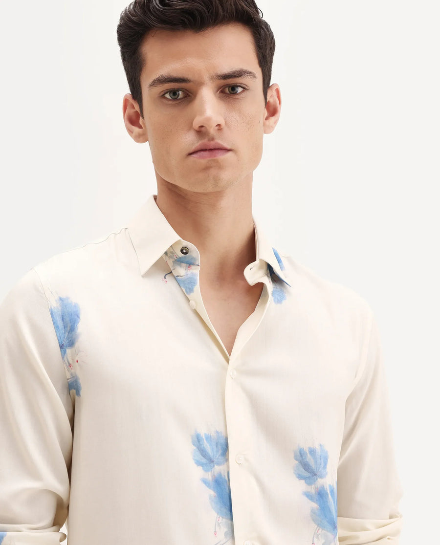 Rare Rabbit Men's Cazar-25 Off White Viscose Blend Fabric Spread Collar Regular Fit Floral Print Shirt
