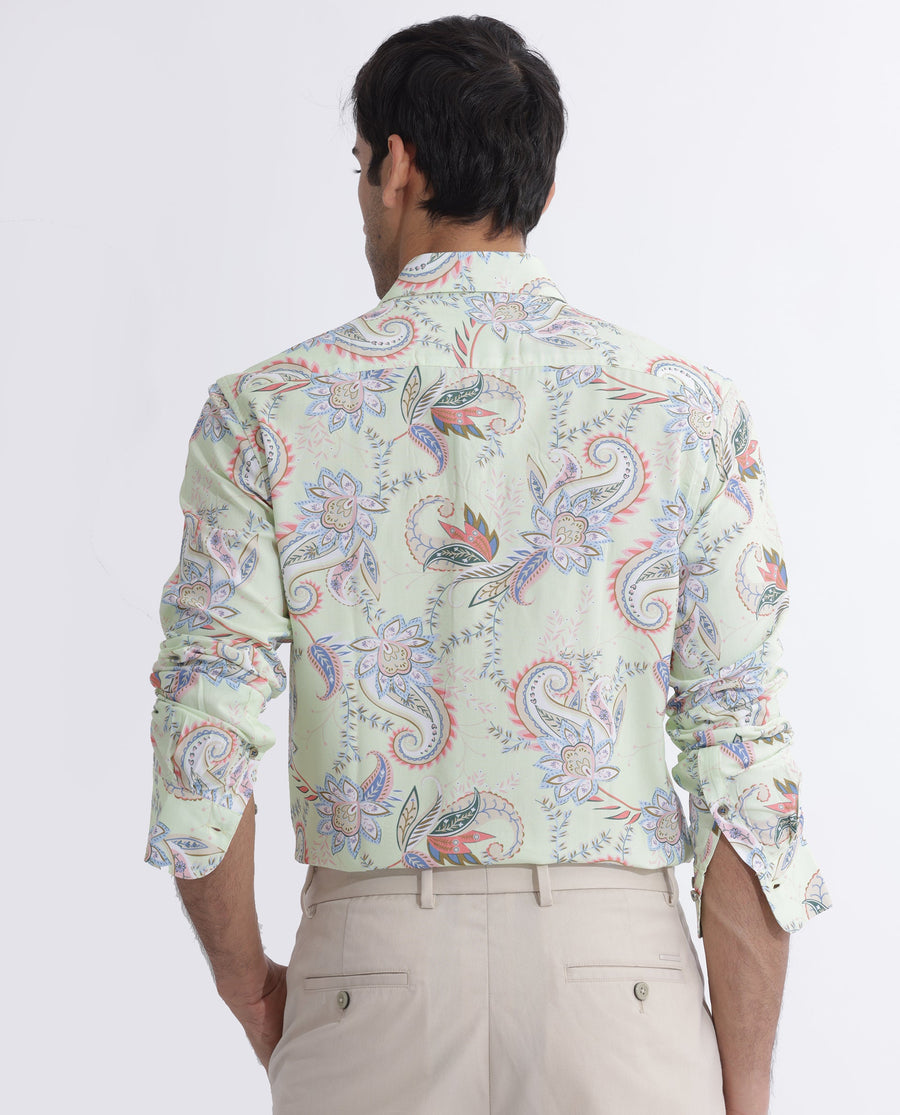 Rare Rabbit Men's Cecilia Green Viscose Paisley Print Regular Fit Full Sleeve Collared Shirt