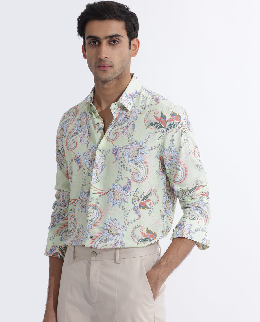 Rare Rabbit Men's Cecilia Green Viscose Paisley Print Regular Fit Full Sleeve Collared Shirt