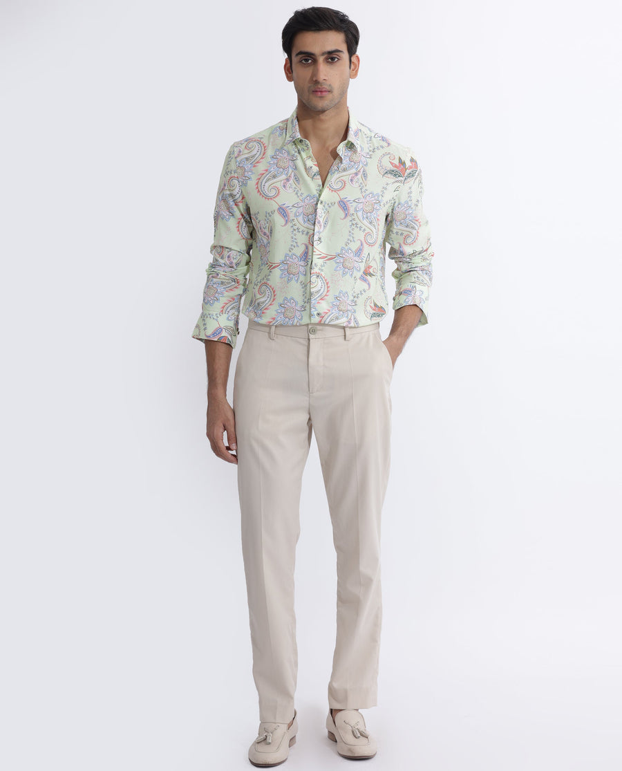 Rare Rabbit Men's Cecilia Green Viscose Paisley Print Regular Fit Full Sleeve Collared Shirt