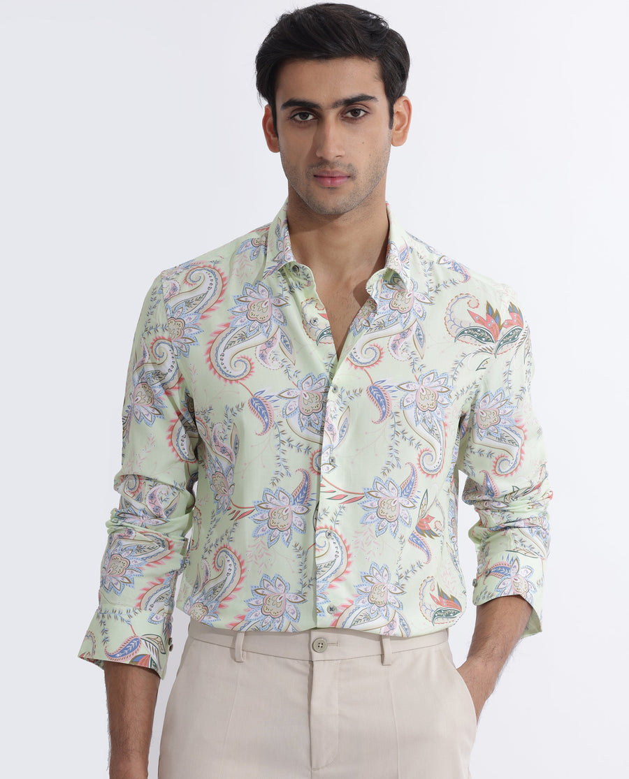 Rare Rabbit Men's Cecilia Green Viscose Paisley Print Regular Fit Full Sleeve Collared Shirt
