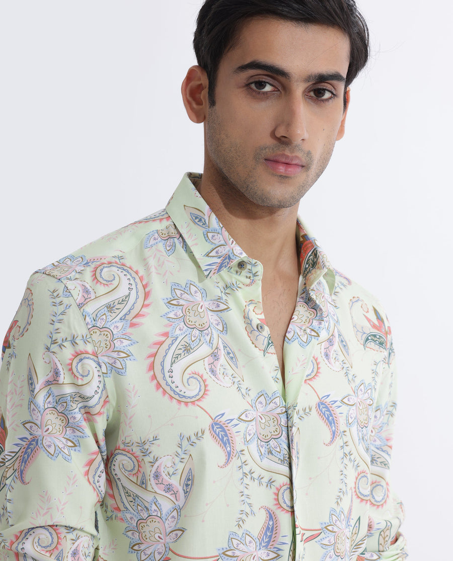 Rare Rabbit Men's Cecilia Green Viscose Paisley Print Regular Fit Full Sleeve Collared Shirt