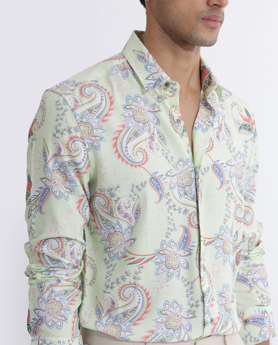 Rare Rabbit Men's Cecilia Green Viscose Paisley Print Regular Fit Full Sleeve Collared Shirt