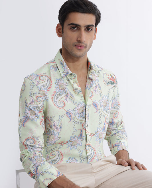 Rare Rabbit Men's Cecilia Green Viscose Paisley Print Regular Fit Full Sleeve Collared Shirt