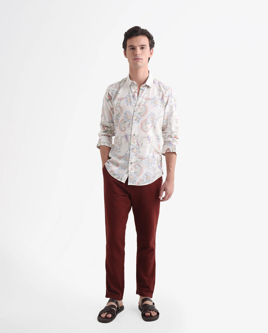 Rare Rabbit Men's Cecilia Off White Viscose Paisley Print Regular Fit Full Sleeve Collared Shirt