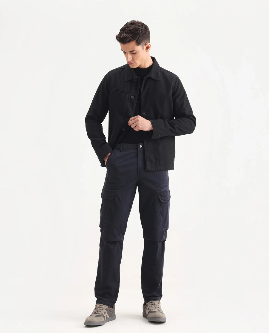 Rare Rabbit Men's Ceder-1 Dark Navy Cotton Blend Plain Regular Fit Trouser