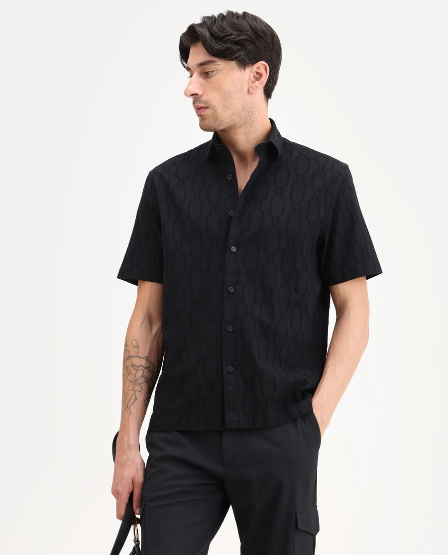 Rare Rabbit Men's Celle Black Cotton Blend Fabric Half Sleeve Spread Collar Regular Fit Shirt